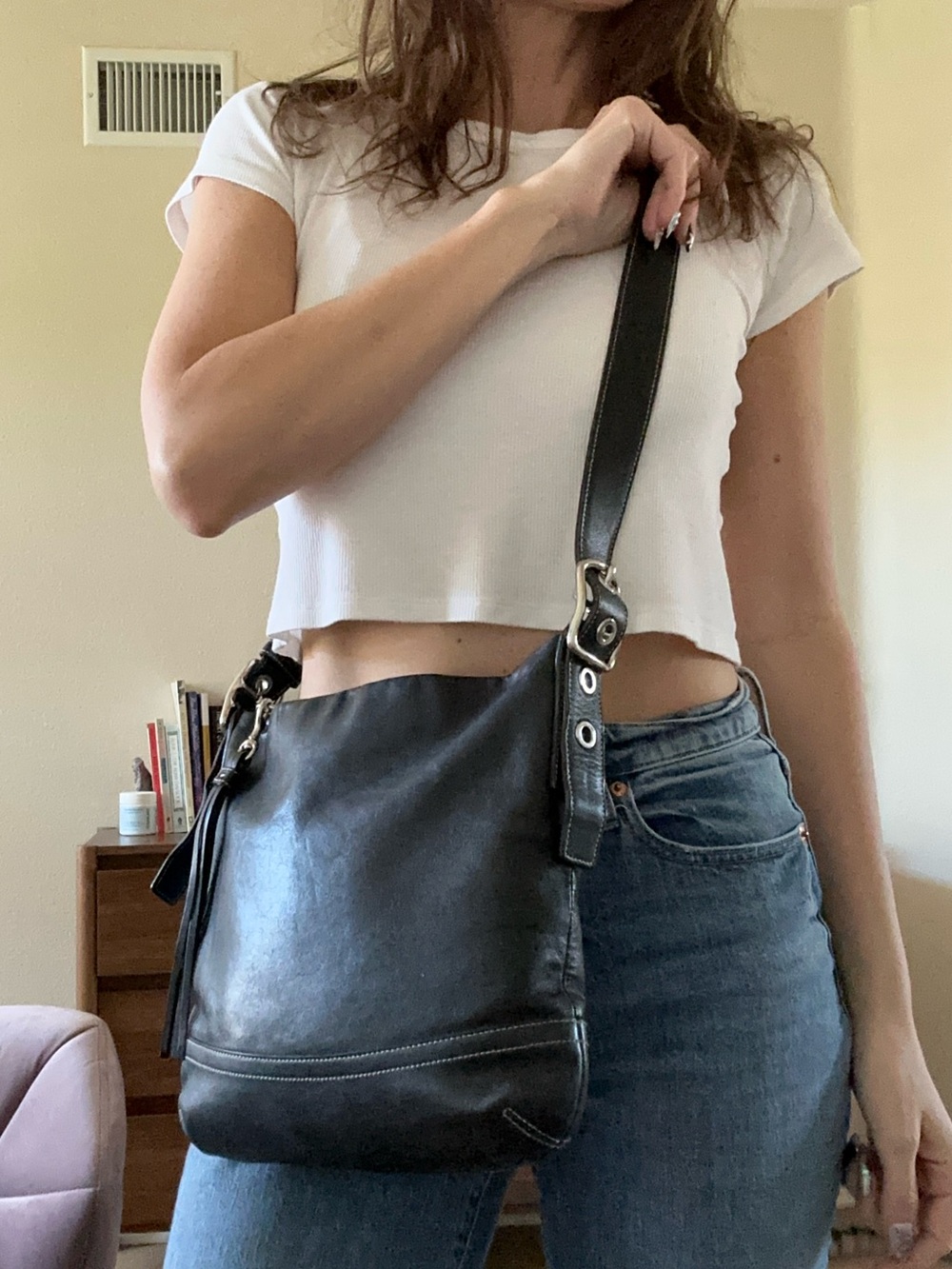 Vintage Y2K Coach 1415 Soho Black Leather Shoulder Hobo Bag Tassel
